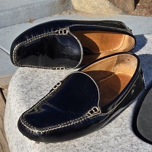 LANDS' END Sz 8.5 W Solid Black PATENT LEATHER LOAFER with Knobby Sole Medium